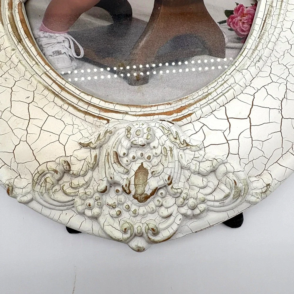 Vintage Shabby Chic Ornate Oval Picture Frame Distressed Crackle Baroque White